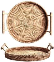 Hand-Woven Rattan Round Serving Tray with Handles Bread Cake Pastries Basket