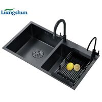 Fregadero SUS304 Deep Basin Nano Double Bowl Undermount Handmade Stainless Steel Black Kitchen Sink