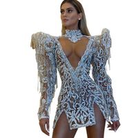 Turtleneck Tassel Sequin Patchwork Long Sleeve Luxury Ball Gown Dress For Women