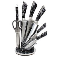 2021 new idea 8 piece shiny black chef's cleaver fruit meat cutting knife block sets stainless steel royalty kitchen knives