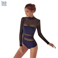 OEM Women Cut out Sheer Mesh Insert Bodysuit Long Sleeve Leotards Girls for Ballet Competition Convention Dance biketard Balera