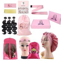 Customize Logo Pink Virgin Satin Bag/Edge Scarf/Hang Tag/Sticker Bundle Wrap/Women Bonnets Wig Packaging Set