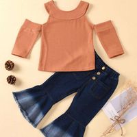 wholesale Casual Toddler Girls Kid Off Shoulder Tops Denim Flare Pants two piece Spring autumn Outfits Set Clothes