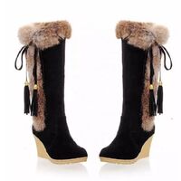 Fashion boots 2020 new women anti-skid slope with real rabbit fur high boots round toe suede fringed boots wholesale ladies