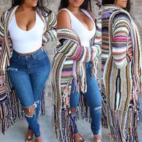 2020 Winter Amazon Long Knitted Cardigan Fringed Stripes Color Jacket Women Sweater Cardigan For Women