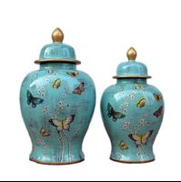 Popular green cute European style ceramic food storage jar for decor Butterfly print large ginger jar set