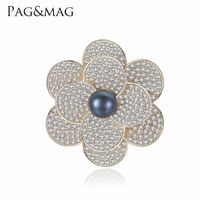 PAG&MAG Big Flower Shape Hijab Pins Pearl Broche Paved Tiny Cubic Zircon Stone With Black Natural Freshwater Pearl Brooch