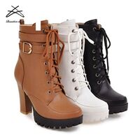 2018 New Fashion Ladies Winter Chunky Heels Lace Up Ankle Boots