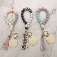 Silicon Beads Monogram Blank Wooden Plate Bracelet Tassel Keychain Wristband