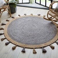 Outdoor jute rug hotel decoration hand woven black round jute rug with indian tassel