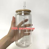 USA Warehouse Crystal Clear Beer Can Shaped Pre-Drilled 16oz 20oz Blank Sublimation Snowball Glitter Double Wall Glass Jar Mug