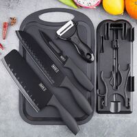 Knife Set with Cutting Board and Holder 6 Pieces | Sharp Santoku and Utility Knife with Blade Cover and Plastic Cutting Board