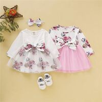 Long Sleeve Rose Mesh Bow Dress Baby Girl Dress Princess with Tiara