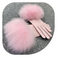 New Women Winter Warm Authentic Lambskin Fox Leather Cuff Ladies Fleece Lining Leather Gloves