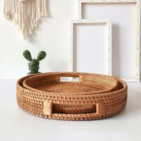 Handwoven Rattan Storage Tray w/Wood Handle Round Wicker Basket Bread Food Plate Fruit Cake Platter Dinner Tray