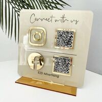 EZD Custom Desktop Acrylic or Wooden Facebook Ins Plaque Gold QR Code Beauty Logo Business Social Media Logo with Stand