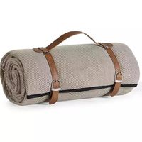 Herringbone Custom Oversized Waterproof Picnic Outdoor Blanket Canvas Picnic Blanket with Leather Strap