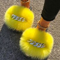 Fox Sandals Furry Fur Slippers Fluffy Flip-Flops Diamond Chain Leather Slippers Ladies Ladies Home Slippers Beach Flats