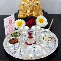 NOBILITY Silver Plated Pooja Thali Set 8" Classic Occasional Gift Puja Thali Wedding Return Gift with German Silver Coins