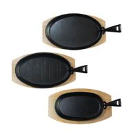 Oval Cast Iron Sizzling Pan Cast Iron Sizzling Frying Pan with Wooden Base Tray Stand and Removable Handle