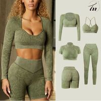 5pcs 6 Colors Acid Wash Ribbed Workout Women's Yoga Set Sports Long Sleeve Crop Top Seamless Cinching Leggings Workout Wear