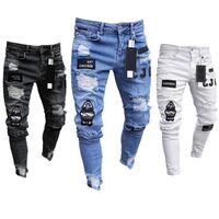 New Men's Distressed Ripped Pants Art Patch Skinny Motorcycle White Jeans Slim Pants Men's Denim Jeans