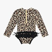 Lana Leopard Print Tan Long Sleeve Ruffle Sun Protection Swimsuit Bow Cute Little Baby Girl One Piece Swimsuit Designer Swimwear