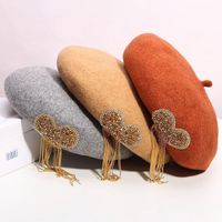 Winter Wool Knitted Hat Material Beret Fashionista Gold Rhinestone Tassel French Felt Hat Beautiful Wool Beret