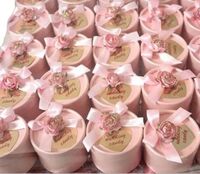 Wedding or Promotion Gift Box Light Pink Flowers and Bow Ribbon and Heart Label on Top Light Pink Round Paper Candy Box