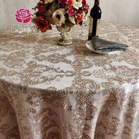 High Quality Elegant Mesh Champagne Gold Polyester Linen Embroidered Tablecloth for Wedding Reception