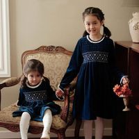 Long Sleeve Embroidered Hand Gathered Velvet Winter Dress for Girls