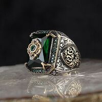 Vintage Handmade Turkish Signet Ring Men Women Antique Silver Color Engraved Eagle Ring Green Zircon Inlaid Punk Biker Rin