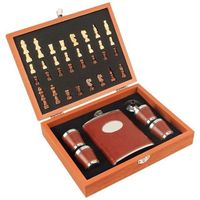 Factory direct sale wooden chess set with hip flask jagermeister 6oz 8oz hip flask gift set hip flask set men black gift