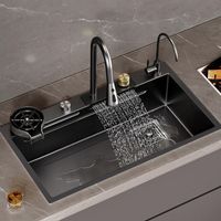 New Trend Nano Black Step Kitchen Sink 304 Stainless Steel Handmade Waterfall Faucet Farmhouse Kitchen Sink