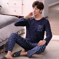 Men's round neck long-sleeved trousers two-piece pajamas autumn Korean casual high-necked cotton simple home pajamas