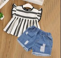 2019 New Baby Girl Clothes Set White Black Striped Ruffle Sleeves T-Shirt Top and Ripped Jeans Set