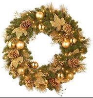 Collection of Pre-Lighted Faux Gold Christmas Wreaths with Mixed Ornaments and Pre-Strung White LED Lights