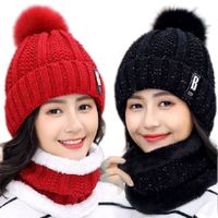 Knitted Thick Letter Hat 2 Pcs Ski Warm Fur Pom Beanie Scarf Women Fleece Lined Women Winter Hat and Scarf Set