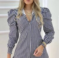 Spot 2022 European and American autumn and winter new cross-border supply women's striped puff sleeve slim shirt dress who​​​​