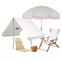 2022 Boom Beach Leisure Parasol Set Wooden Beach Tassel Umbrella Rattan Chair and Picnic Basket