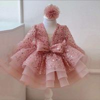 Girls Mesh Sequin Long Sleeve Birthday Wedding Party Tutu Dress