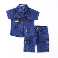 2022 summer hot selling short-sleeved handsome children's denim comfortable fabric suit boys children's blue denim children's jeans clothing