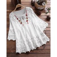 S-5xl Fall Spring Lace Crochet Tops Women's Vintage Shirts Women Long Sleeves Casual Flared Shirts Embroidery Patchwork Blusas