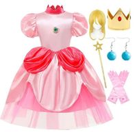 Mario Carnival Cosplay Baby Girls Party Christmas Supergo Cartoon Pink Princess Peach Costume with Crown Halloween Dress