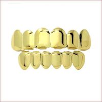 High Quality 18k Gold Plated Hiphop Teeth Grillz Top and Bottom Grillz Gold Brass Grillz Halloween Jewelry In Stock Wholesale