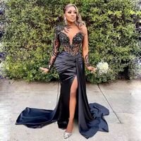 Black Evening Dresses With High Sides Long Dresses De Fiesta Arabic Aso Ebi Bridesmaid Dress MB474